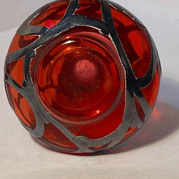 Art Nouveau Cranberry Red Glass Sterling Silver Overlay Vintage Perfume Bottle - Picture 3 of 8